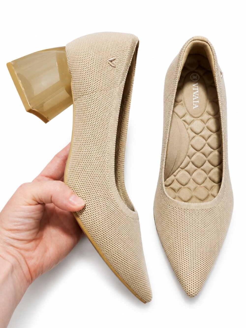 VIVAIA Aria Pointed Toe Clear Block Heel Pumps Shoes Beige 40EU 9US Knit Slip-On